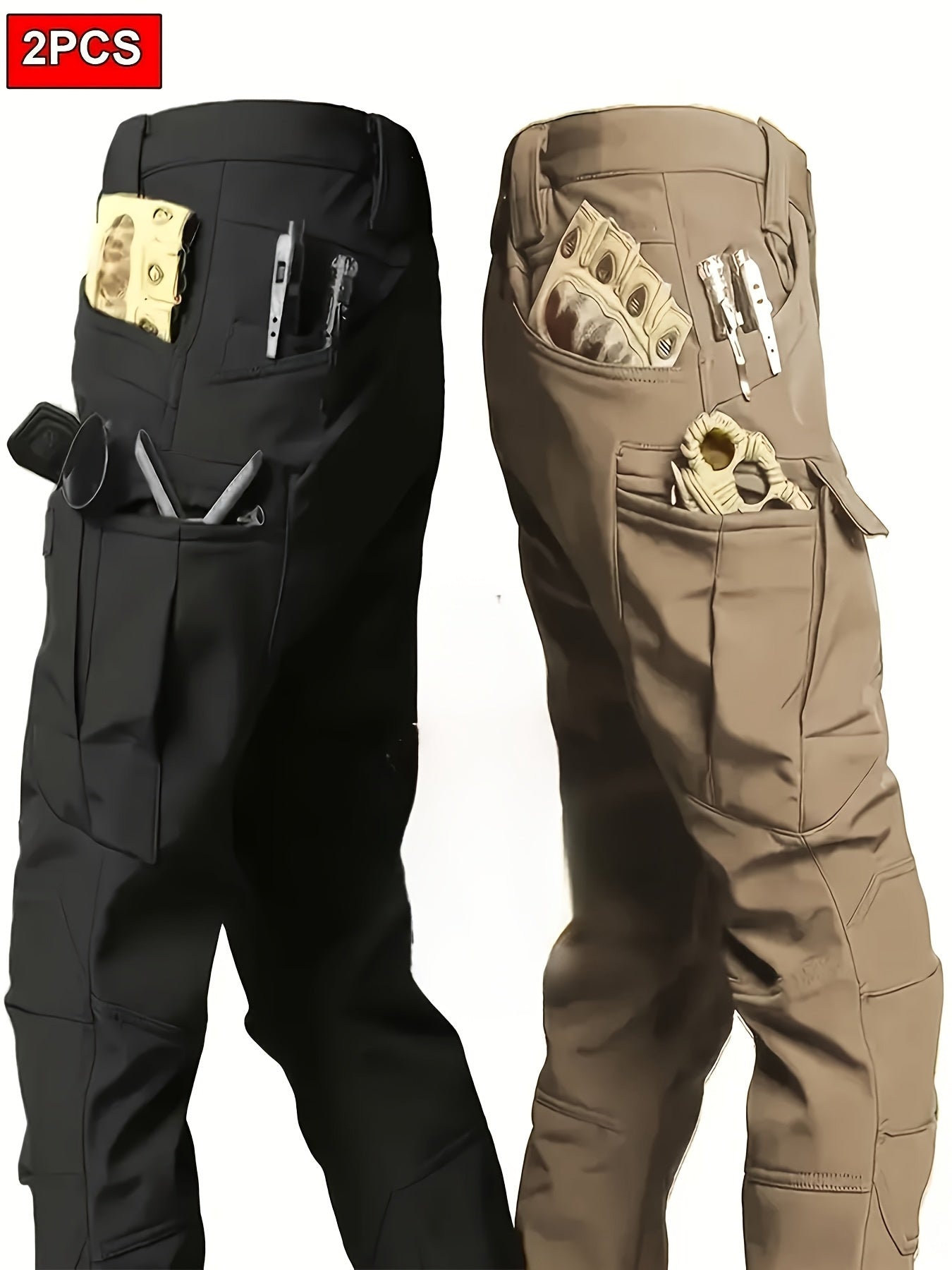 2pcs Men’s High-Performance Tactical Cargo Pants Sweatproof Durable Polyester for Outdoor Hiking and Daily Use Black Beige Camping Gear