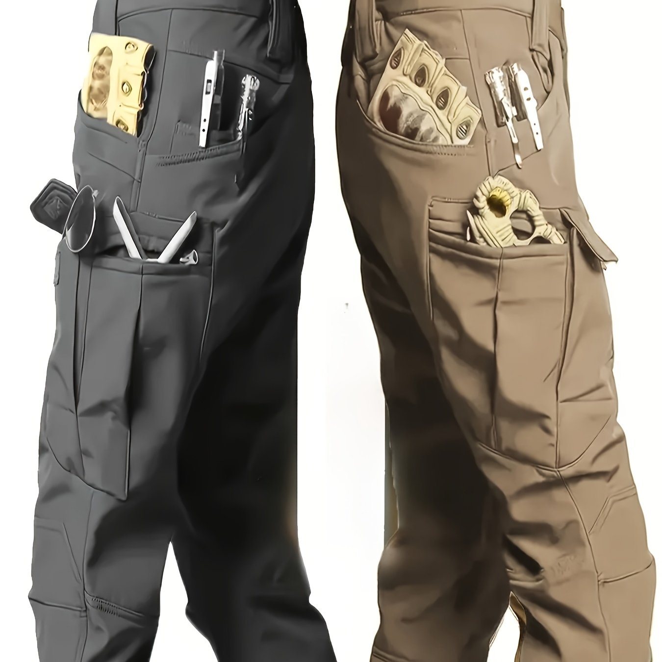 2pcs Men’s High-Performance Tactical Cargo Pants Sweatproof Durable Polyester for Outdoor Hiking and Daily Use Black Beige Camping Gear