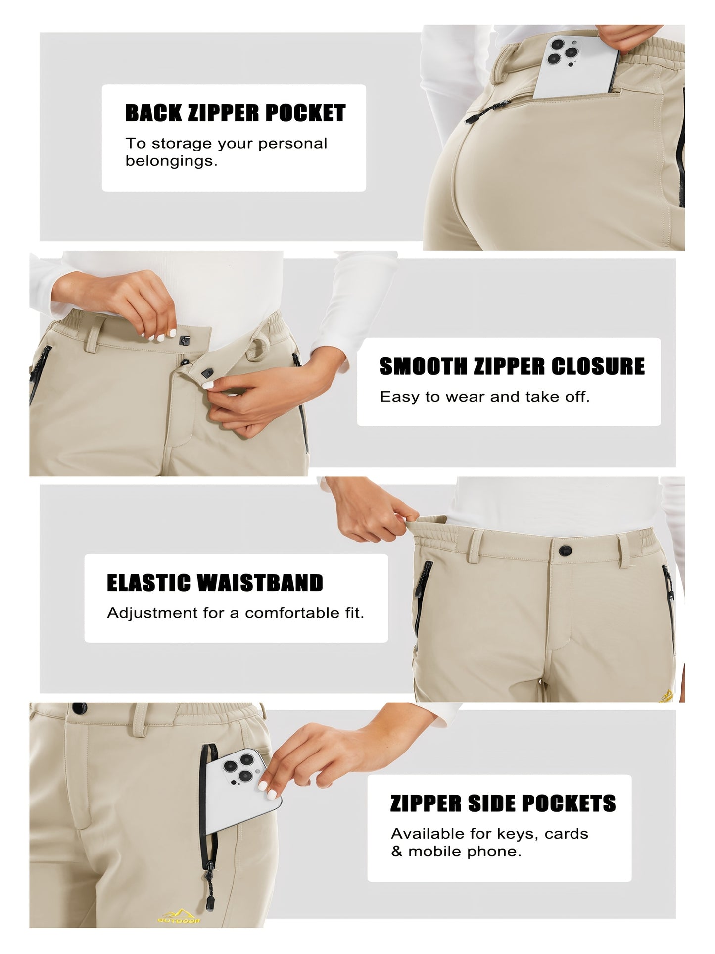 Women'S Fleece Lined Solid Color Insulated Softshell Pants Winter Warm Fishing Pants Zipper Pockets Lightweight Wear-Resistant Snowboarding Hiking Pants Outdoor Snow Ski Trekking Pants