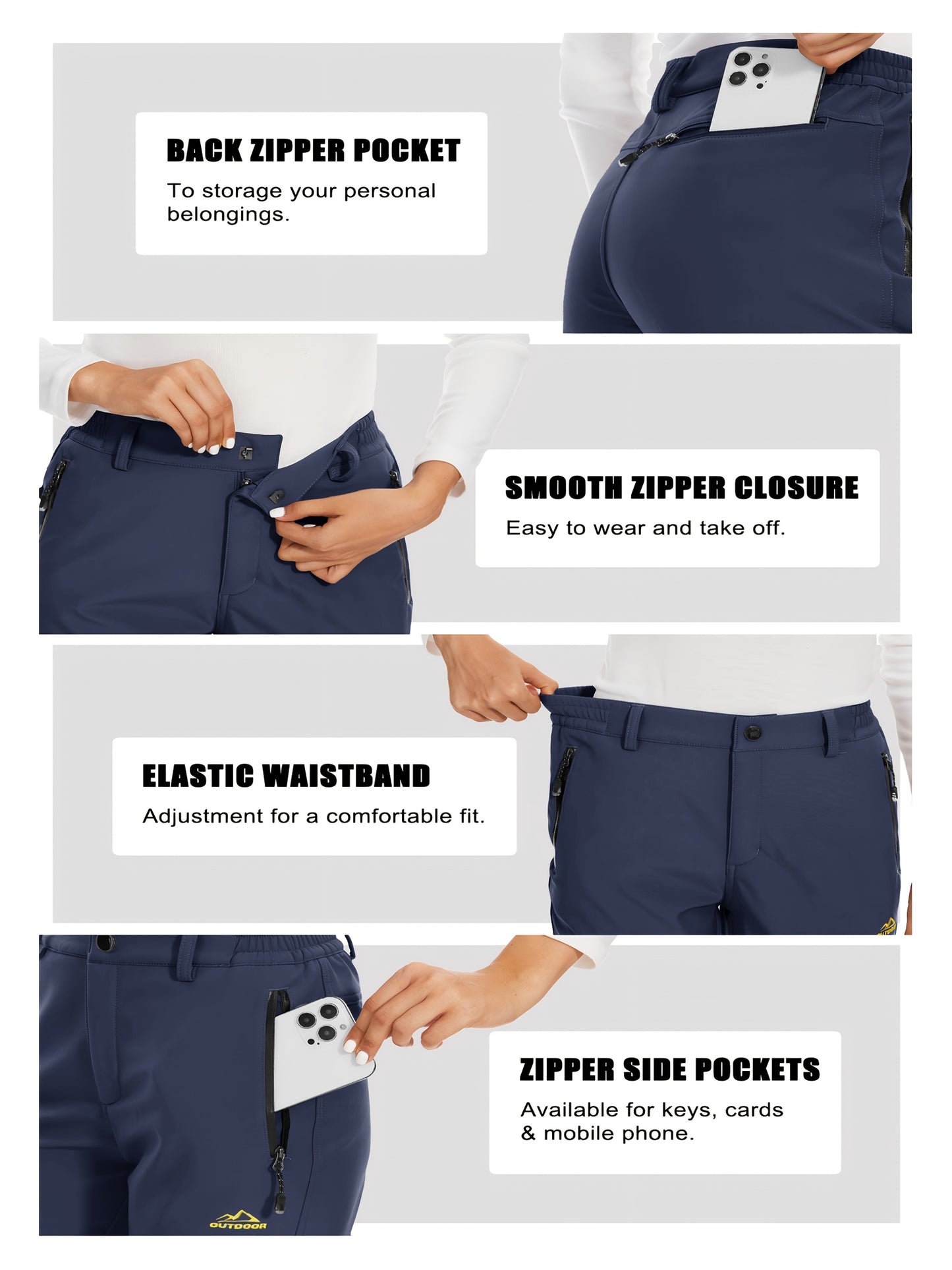 Women'S Fleece Lined Solid Color Insulated Softshell Pants Winter Warm Fishing Pants Zipper Pockets Lightweight Wear-Resistant Snowboarding Hiking Pants Outdoor Snow Ski Trekking Pants