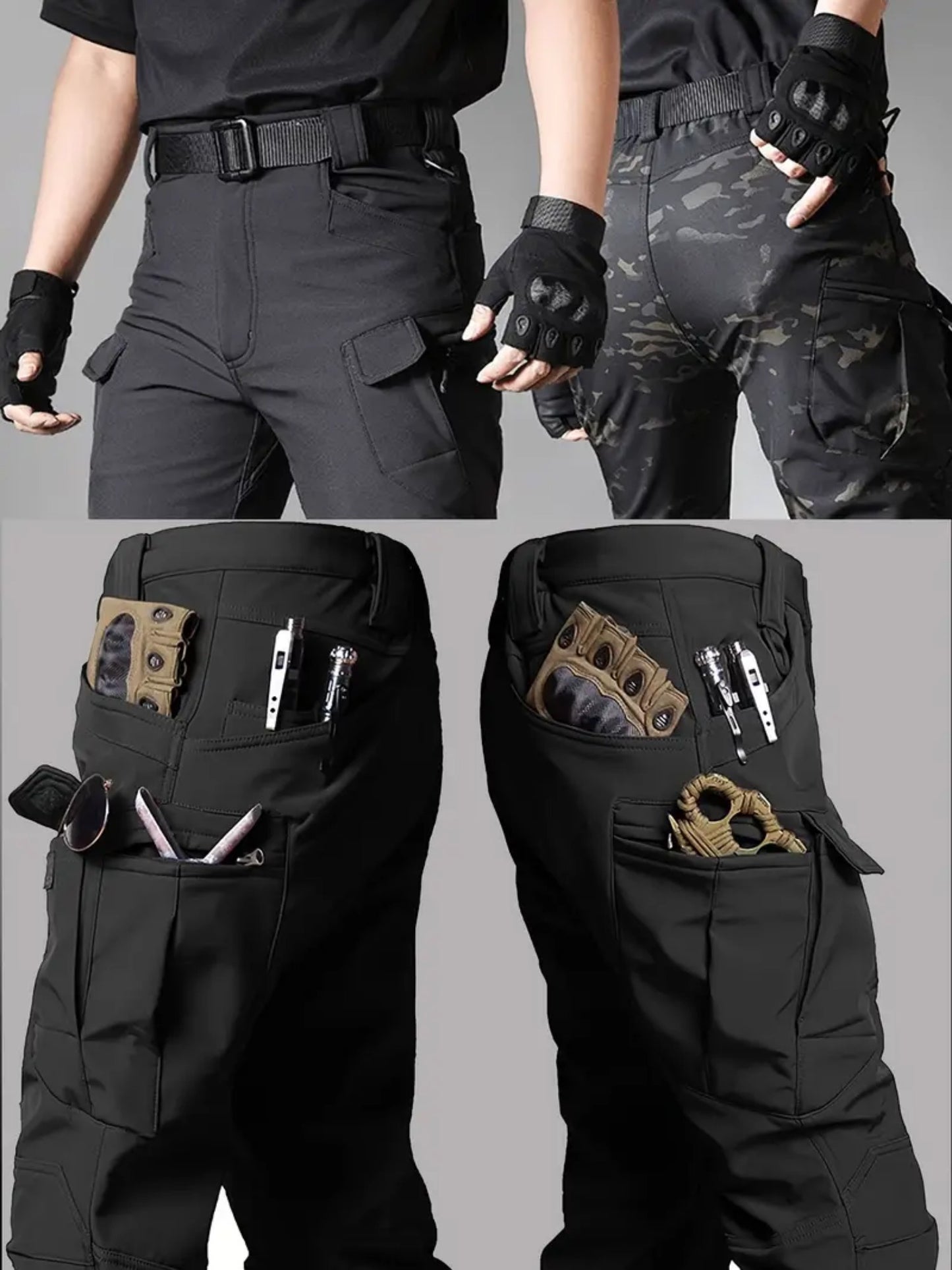 2pcs Men’s High-Performance Tactical Cargo Pants Sweatproof Durable Polyester for Outdoor Hiking and Daily Use Black Beige Camping Gear