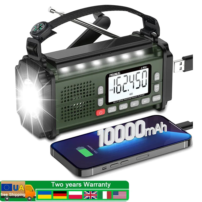 PRUNUS 924 10000mAh Hand Crank Radio, AAA Batteries Powered Emergency Radio Solar