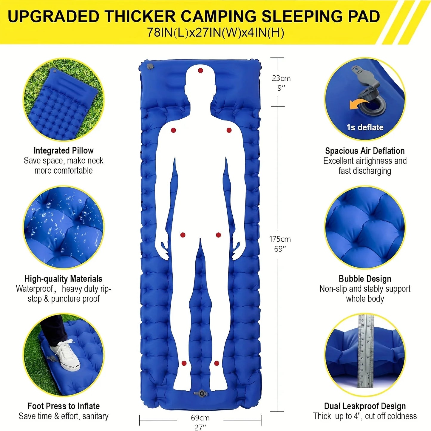 Outdoor camping super thick 4-inch inflatable sleeping mat with built-in pillow and pump air