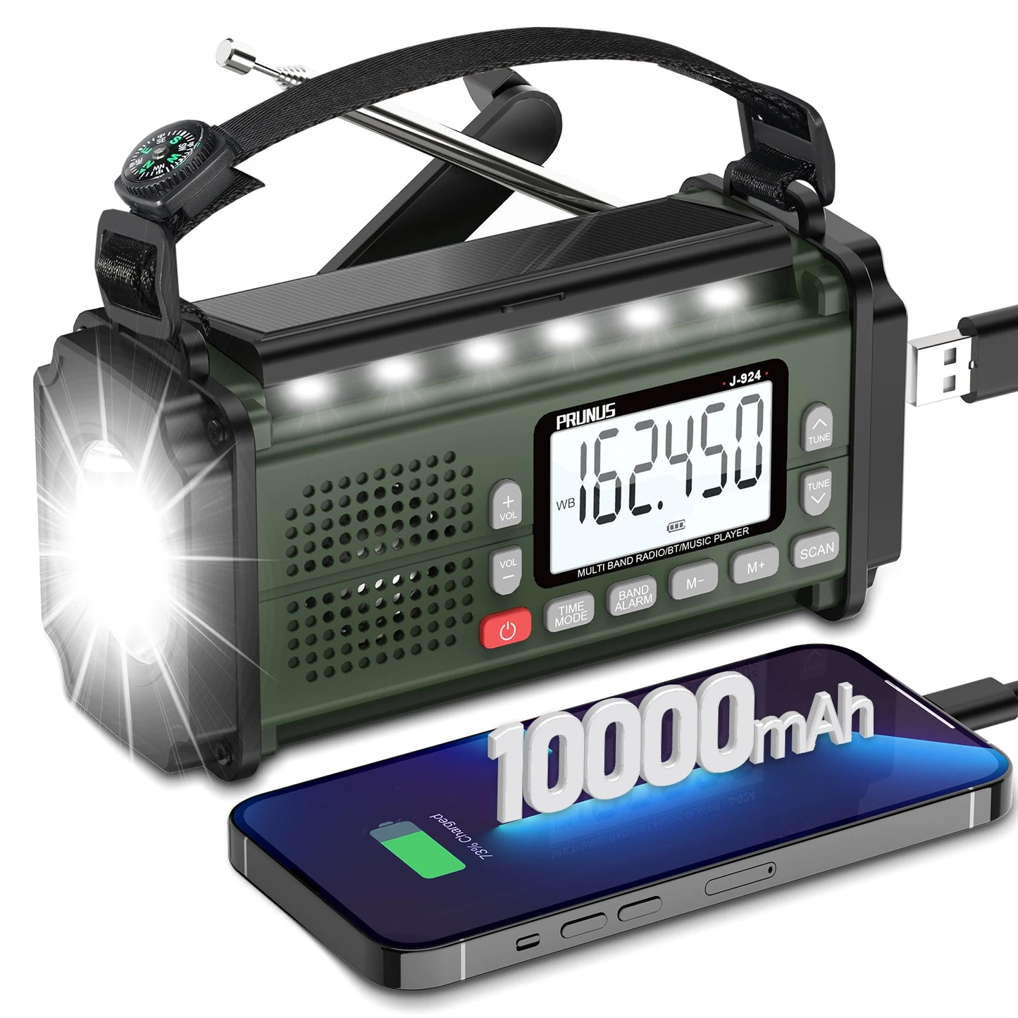 PRUNUS 924 10000mAh Hand Crank Radio, AAA Batteries Powered Emergency Radio Solar