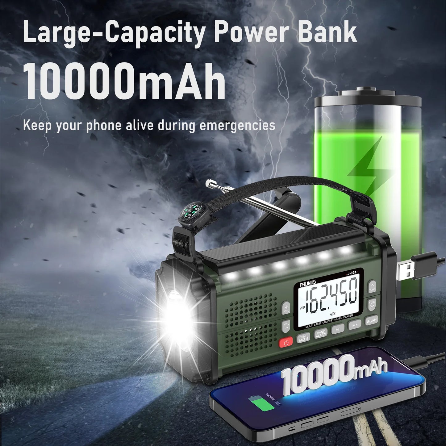 PRUNUS 924 10000mAh Hand Crank Radio, AAA Batteries Powered Emergency Radio Solar