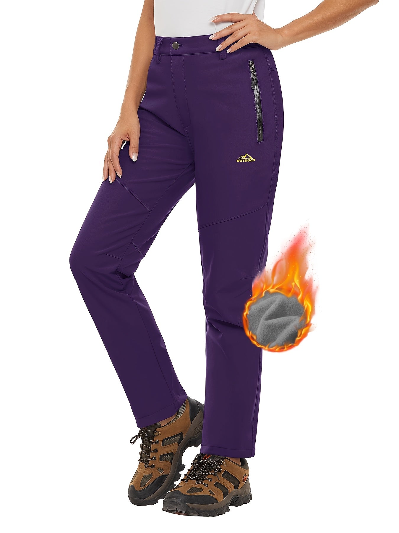 Women'S Fleece Lined Ski Pants Winter Outdoor Sports Insulated Soft Shell Pants Cozy Warm Snow And Wind Resistant Elastic Waist 3 Zipper Pockets