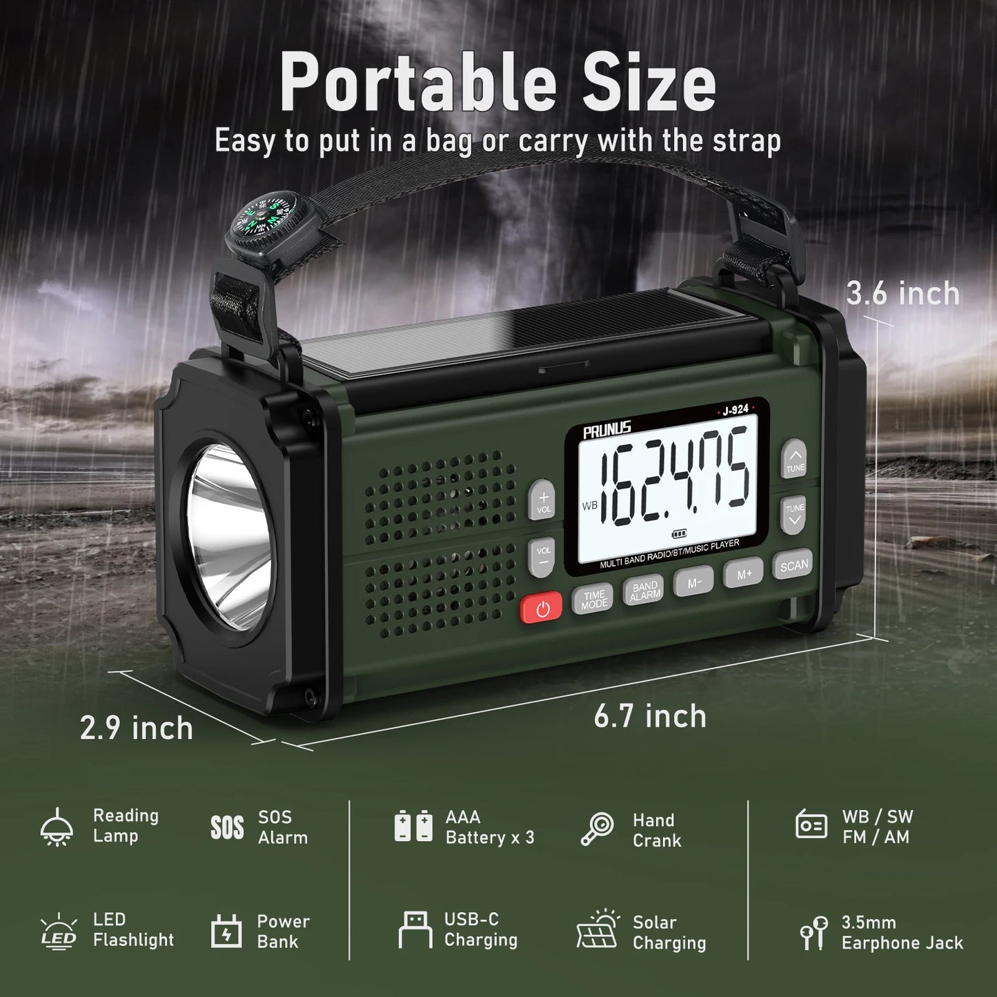 PRUNUS 924 10000mAh Hand Crank Radio, AAA Batteries Powered Emergency Radio Solar