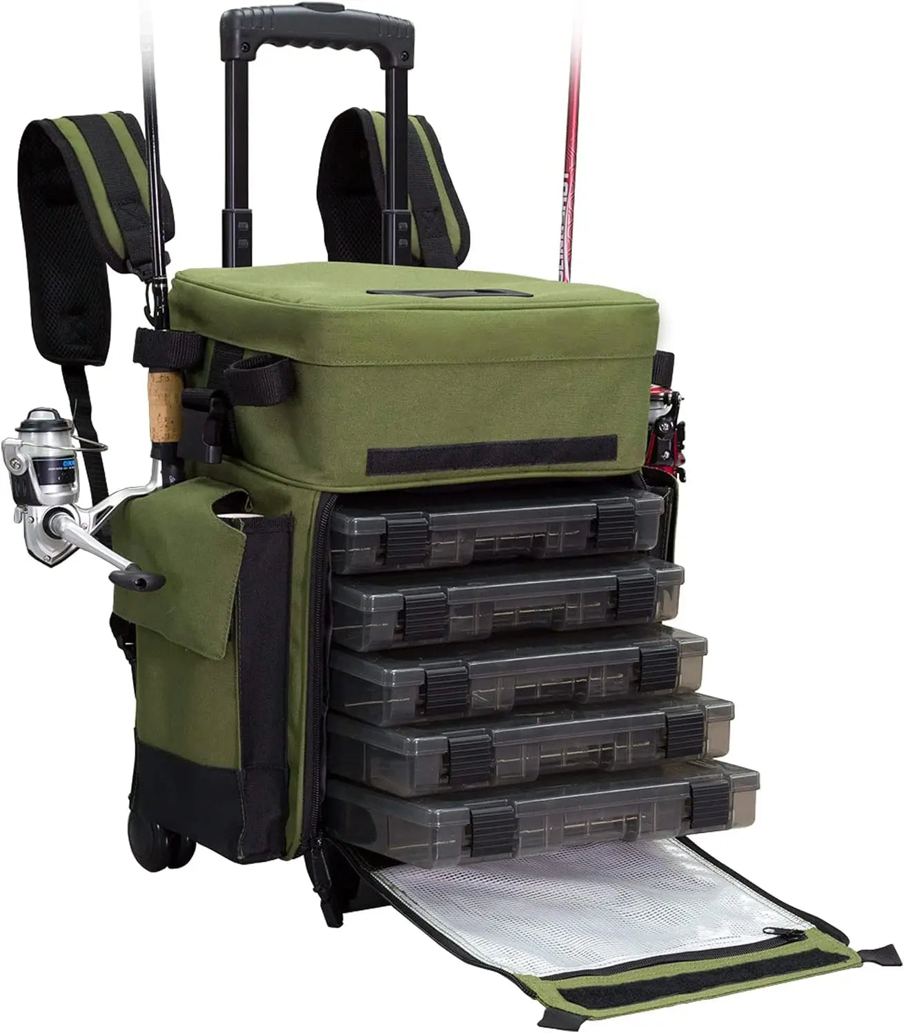 Rolling Tackle Box with Wheels - Waterproof Fishing Backpack, 5 Removable Trays, 4 Rod Holders,
