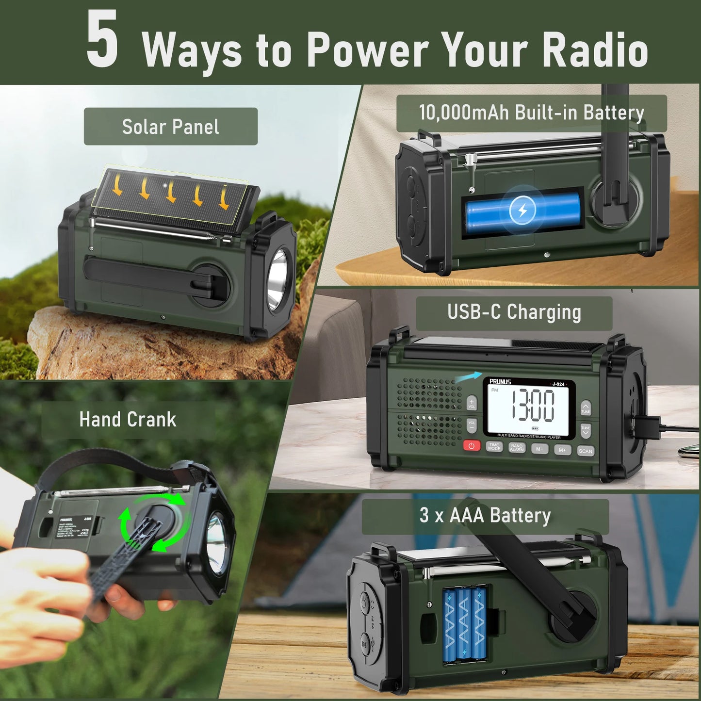 PRUNUS 924 10000mAh Hand Crank Radio, AAA Batteries Powered Emergency Radio Solar