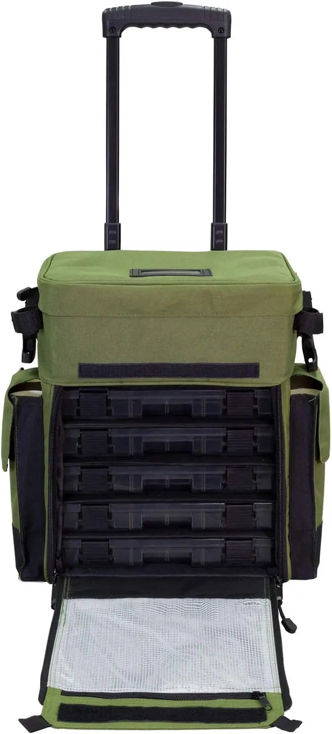 Rolling Tackle Box with Wheels - Waterproof Fishing Backpack, 5 Removable Trays, 4 Rod Holders,